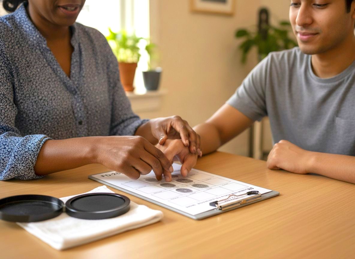 A notary rolls a client's fingertip onto an FD-258 ink fingerprint card at a table.