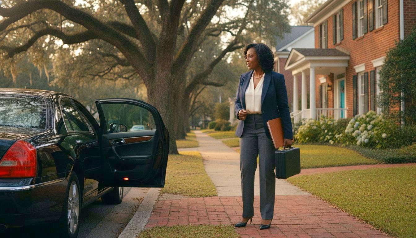 A mobile notary walks up the front path of a brick Lowcountry home carrying a document folder, live oaks overhead in late afternoon light.